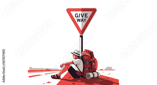 Traveler Resting Under A Roadside Sign Exploring New Destinations With Backpack