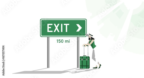 Traveler Rest Stops By Exit Sign After Long Road Trip With Suitcase