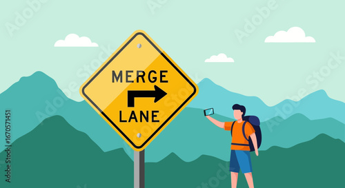 Traveler Selfies Beside a Merge Sign in Nature During an Outdoor Excursion