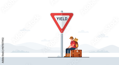 Traveler Takes a Break at a Yield Sign Waiting with Luggage Outdoors
