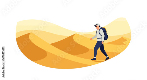 Traveler Trekking Through Desert Sand Dunes On Vacation With Backpack