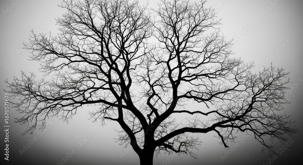 Fototapeta premium Bare Branches Against a Misty Sky Tree Silhouette