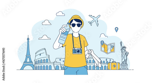 Traveling The World Visiting Popular Tourist Attractions Line Art Style