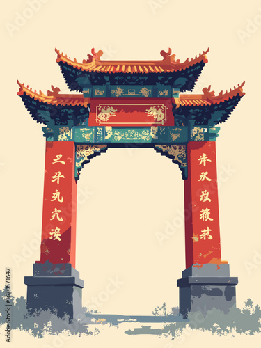 Beijing, China – Imperial red lacquer arch with dragon relief and gold leaf characters, flagstone base; palette: imperial red, gold leaf, stone gray, ink black