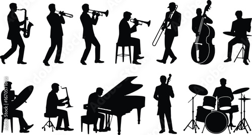 Silhouettes of a jazz band playing various instruments