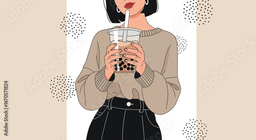 Trendy Woman Enjoying Delicious Boba Tea Hand Drawn With Digital Illustration