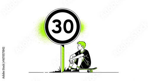 Thirty Speed Limit Concept Illustration Of Thoughtful Teenager On Skateboard