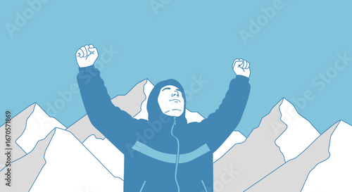 Triumph Above Peak Achievement A Person's Hands Raised In A Mountain