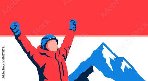 Triumph At Mountain Summit Vector Graphic Illustration For Adventure Seekers