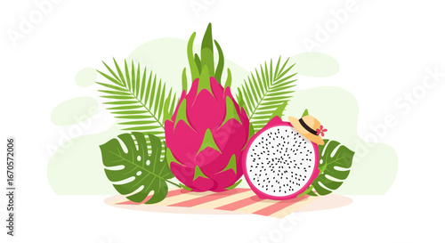 Tropical Arrangement of Dragon Fruit with Palm and Monstera Leaves