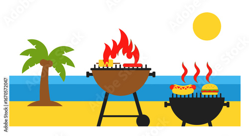 Tropical Beach Barbecue With Grills Hotdogs Burgers And Palm Tree