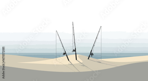 Three Fishing Rods Standing on a Sandy Beach Near the Tranquil Ocean