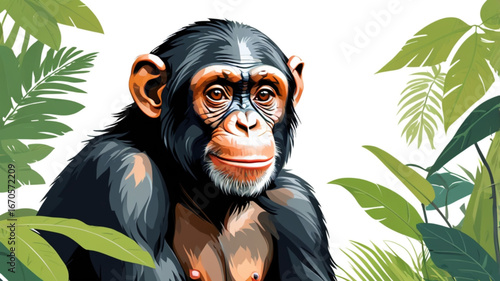 portrait of cute chimpanzee in natural habitat with white background .Young Chimpanzee Simia troglodytes 6 years old isolated, white background
