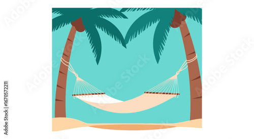 Tropical Beach Relaxation With Hammock Between Palm Trees At Seashore