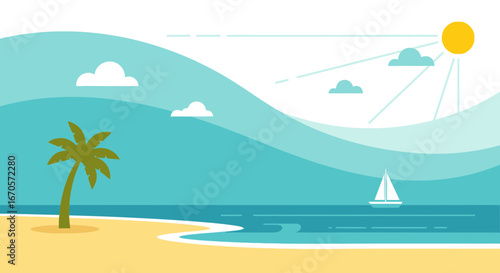 Tropical Beach Scene With Palm Tree Sailing Boat And Calm Ocean Waves