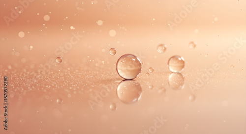 Delicate clear water droplets and sparkling particles on a reflective peach surface, capturing purity and hydration with bokeh.