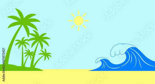 Tropical Beach Scene With Palms Waves And Sun Flat Design Style