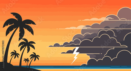 Tropical Beach with Palm Trees and Approaching Storm Illustration Flat Design