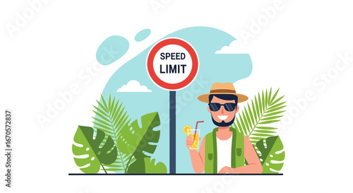 Tropical Getaway Man Relaxing Beside Speed Limit Sign With Refreshing Drink