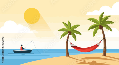 Tropical Getaway With Hammock Beach And Fisherman Enjoying Peaceful Activity