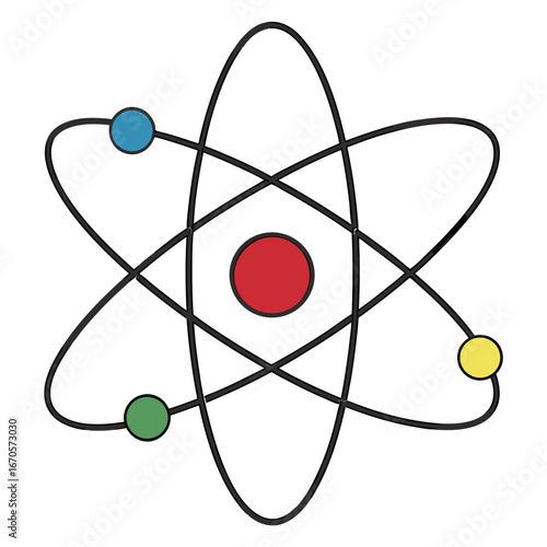 A central red sphere, representing the nucleus, with three smaller, colored spheres—blue, green, and yellow—orbiting it along elliptical paths. This is a common and easily recognizable symbol.