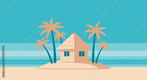 Tropical Island Paradise Getaway with Palm Trees and Thatched Roof Hut