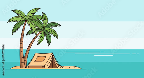 Tropical Island Getaway With Palm Trees And Tent On Beach Backdrop