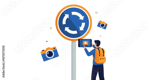 Tourist Capturing Roundabout Sign With Modern Digital Devices Illustration