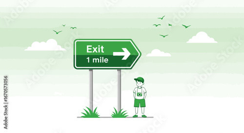 Tourist Journey Near The Highway Exit Road Sign In Green Monochrome