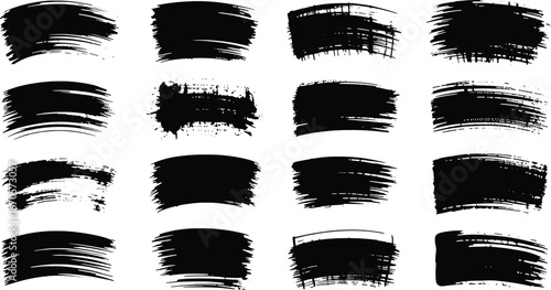 Collection of black brush strokes and paint splatter textures