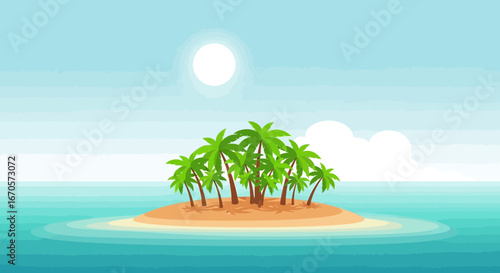 Tropical Island Paradise With Palm Trees And Calm Sea Under A Sunny Sky