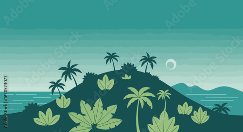 Tropical Island Silhouette With Palm Trees And Exotic Plants Vector Illustration