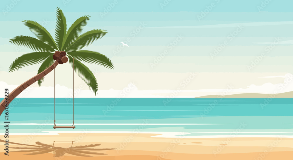 Fototapeta premium Tropical Paradise Scene Featuring a Palm Tree and Ocean Scenery Tranquil Getaway