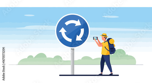 Tourist Taking Picture of Roundabout Sign on an Adventuresome Journey