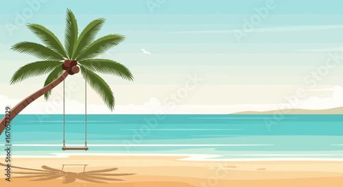 Tropical Paradise Scene Featuring a Palm Tree and Ocean Scenery Tranquil Getaway