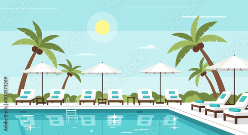 Tropical Paradise Serene Poolside Scene with Palm Trees and Loungers