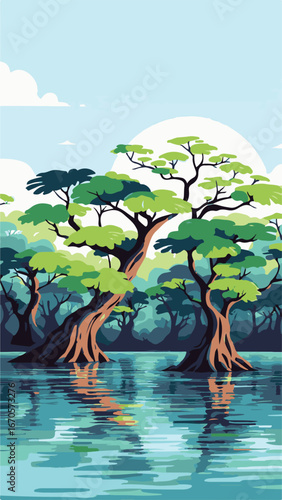 River landscape with rocky bank trees