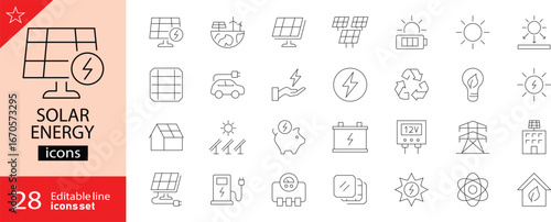 Solar Energy editable line icons set. Including solar panel, sun, renewable energy, electricity, battery, power generation, and eco-friendly system. Editable stroke. Vector illustration. Outline icons
