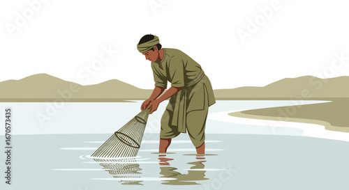 Traditional Fisherman In River Vector Illustration Scene With Background