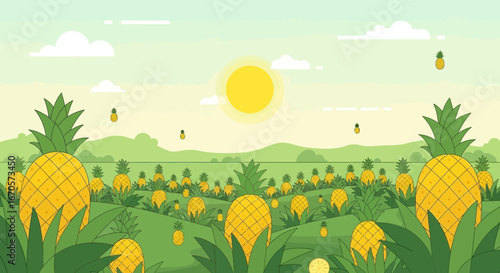 Tropical Pineapple Plantation Under A Sunny Sky With Soft Green Hills