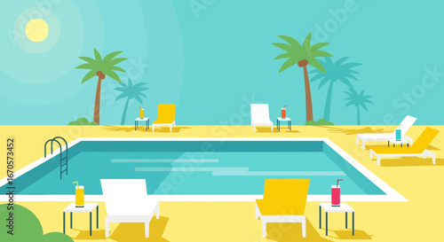 Tropical Poolside Getaway With Refreshing Drinks Under Palm Trees Vector Illustration