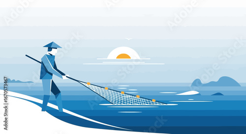 Traditional Fishing Scene Silhouette In Blue With Asian Fisherman At Sunset