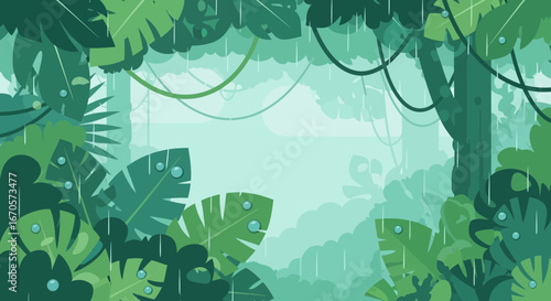 Tropical Rainforest Scenery With Raining Weather And Dense Green Vegetation