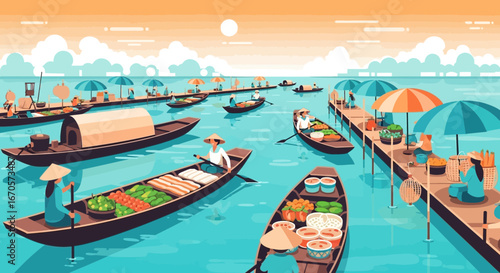 Traditional Floating Market Scene With Boats Selling Goods And Local Vendors
