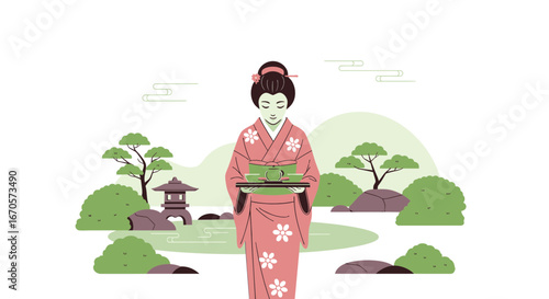 Traditional Japanese Geisha Serving Tea In Tranquil Garden Landscape Illustration