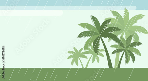 Tropical Raining Season Landscape With Palm Trees and Green Field View