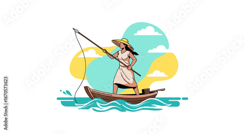 Traditional Spear Fishing On Sea Boat Under Summer Sky Adventure Recreation