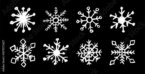 Christmas snowflake set with wax white crayon or charcoal texture. Quirky chalkboard style, perfect for kindergarten Xmas crafts, cards and holiday designs. Vector illustration drawn as if by a child