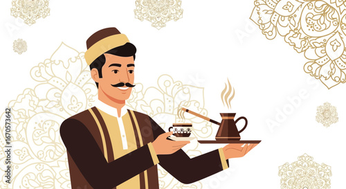 Traditional Turkish Coffee Service Vector Illustration With Ethnic Ornament