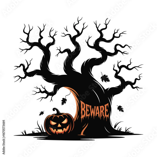 Beware Tree Silhouette Illustration with Pumpkin for Halloween and Horror Designs